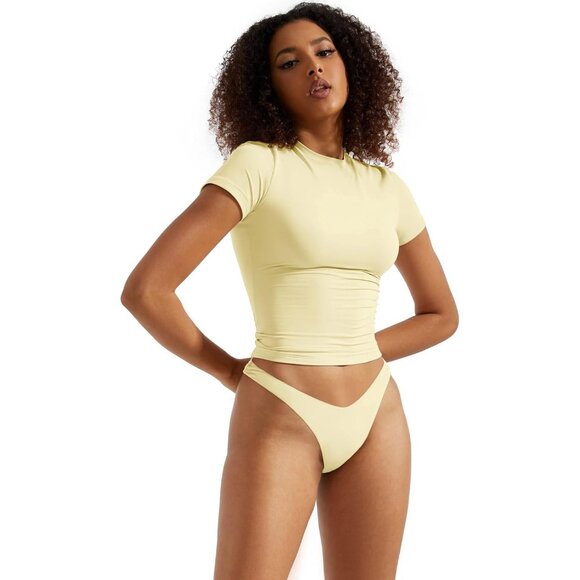 Women Double Lined Soft Cotton Crew Neck Crop Top Short Sleeve Casual - Picture 3 of 7